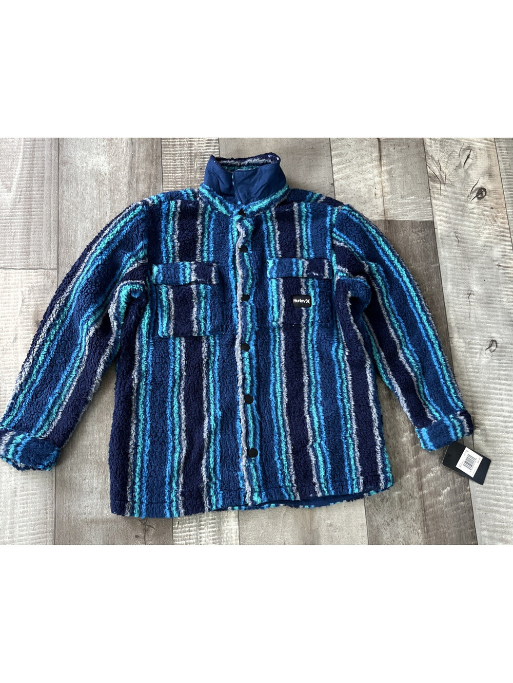 Hurley Boys Stripe Sherpa Fleece Button-Down Jacket/Shirt Shaket Size Medium $60